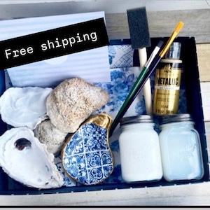 DIY Decoupage crafting kit, oyster shell ring dish kit, adult beach gift, handmade Mother’s Day box gift, handmade shells