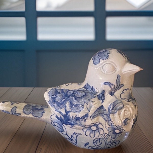 Chinoiserie bird sculpture, hand carved blue and white home decor, decoupage accent, chinoiserie gifts, handmade gift, back in stock