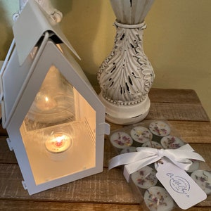Candle lantern, white candle holder, botanical floral candles, aromatherapy tea lights, white shabby chic lantern