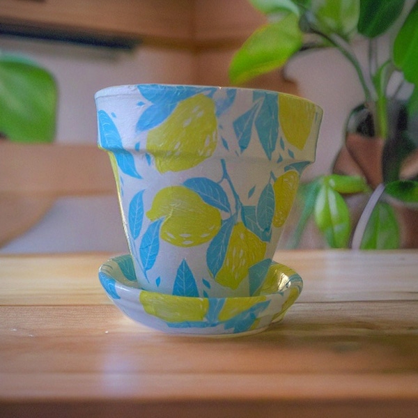 Lemon flower pot, decoupage blue and yellow shabby chic print planter with drainage and matching saucer, gardeners gifts for her