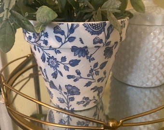 Blue and white flowerpot,  Handmade Decoupage planter, gardeners gifts, drainage hole with saucer, housewarming Presents