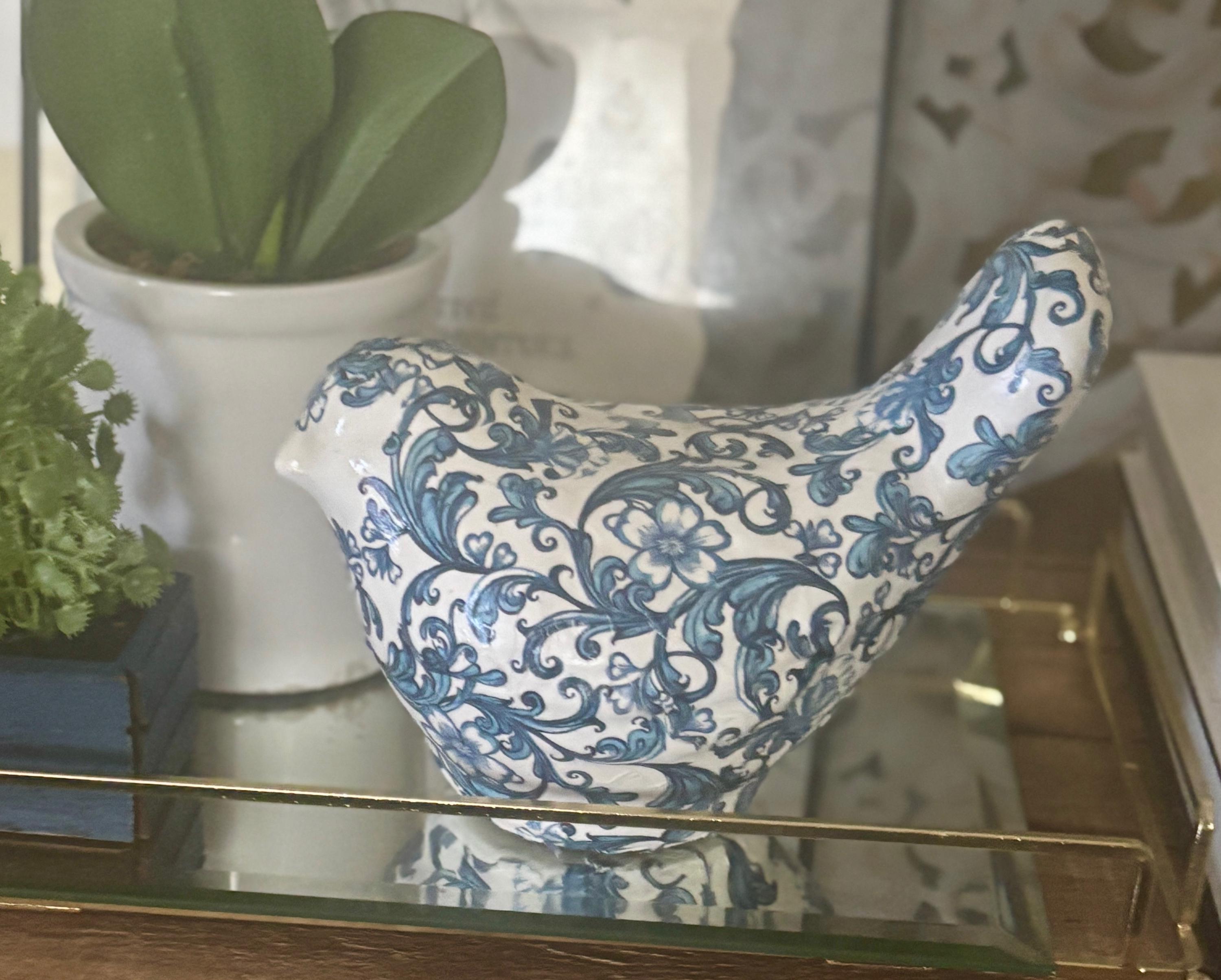 Chinoiserie bird sculpture, large ceramic blue and white home decor, decoupage accent, chinoiserie gifts, handmade gift, back in stock