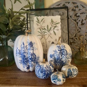 Chinoiserie Decoupage Pumpkin Set: Blue & White Fall Decor
