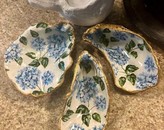 Decoupage ringschaal met oesterschelp: hortensiaprint vergulde sieradenkom, set van 3