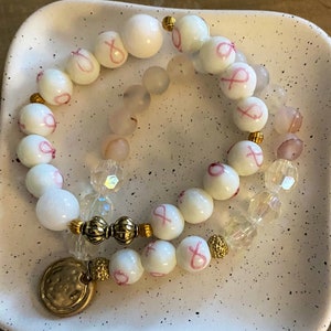 Pink ribbon beaded bracelet. breast cancer support  jewelry, white and pink strand, gifts for her