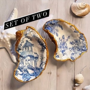 Oyster shell trinket dish, decoupage ring dish, wedding favors, bridesmaid gifts, blue and white home decor, handmade gifts, hostess gifts