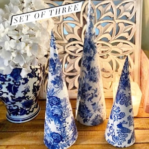 Cone trees, Chinoiserie cone trees, set of three blue and white trees, blue and white decor, handmade cone tree gift