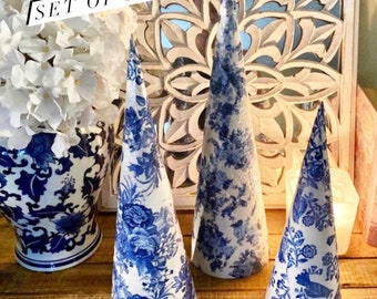 Cone trees, Chinoiserie cone trees, set of three blue and white trees, blue and white decor, handmade cone tree gift