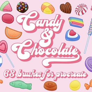 Puede incluir: 63 pinceles digitales para Procreate con ilustraciones de temática de dulces y chocolate. Los pinceles incluyen una variedad de formas y colores, como corazones, espirales y estrellas.