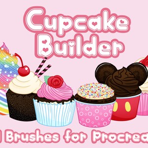 May include: Cupcake Builder: 43 Brushes for Procreate. A set of digital brushes for creating cupcakes with various toppings, sprinkles, and frosting designs.