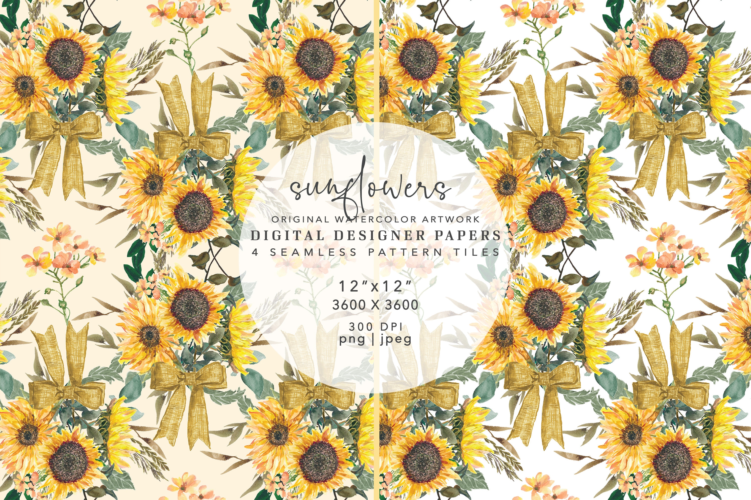 Sunflowers Watercolor Seamless Paper Pack Scrapbook Papers | Etsy