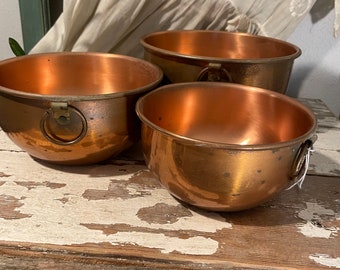 Coppercraft Guild Copper Nesting Bowls with Brass Ring Handle 6, 7, 8 inch Flat Bottom Vintage