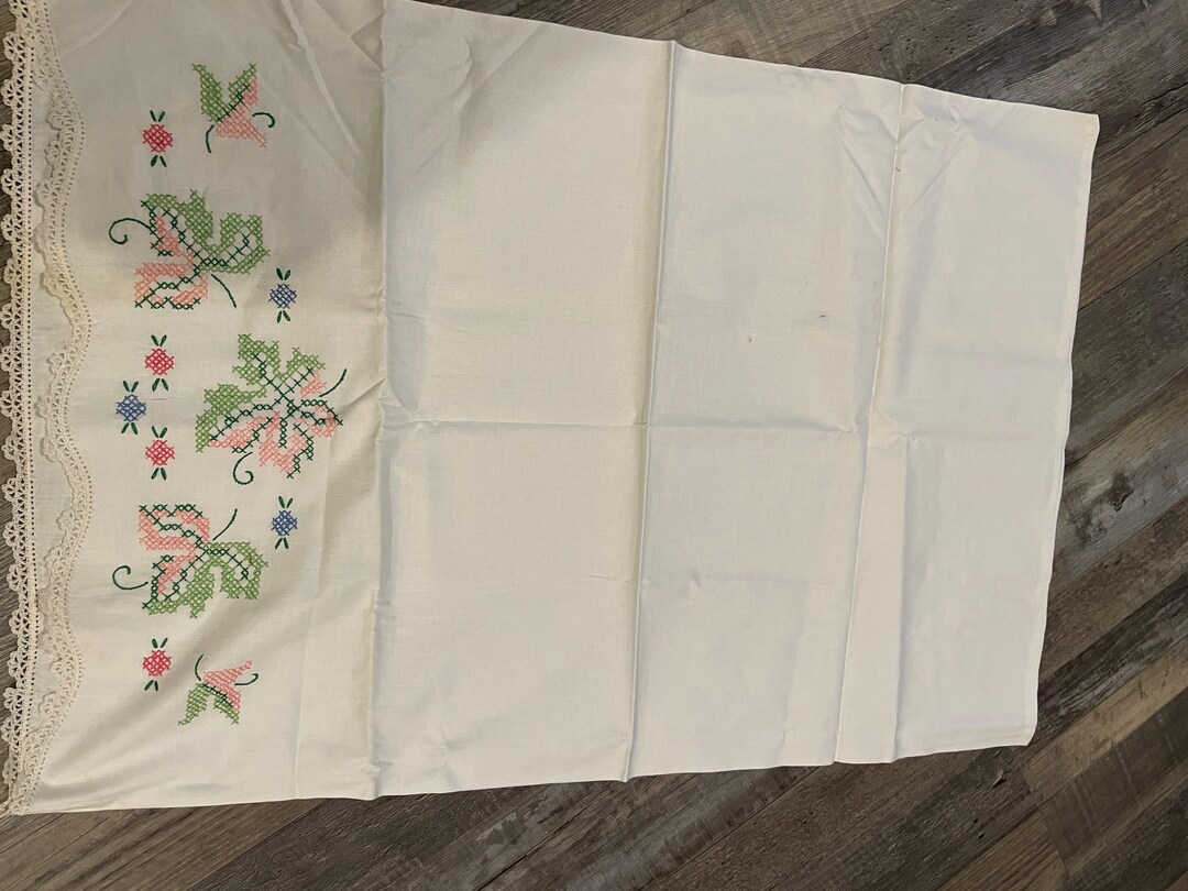Vintage Hand Embroidered Standard Pillow Case White With Multi Colored ...