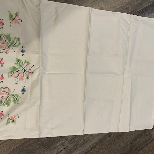 Vintage Hand Embroidered Standard Pillow Case White with Multi Colored Embroidery
