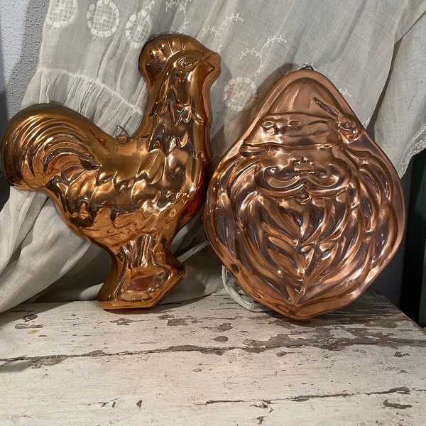 Vintage Copper Rooster Chicken and Santa Face Jello Mold or Wall Hanging 1970's