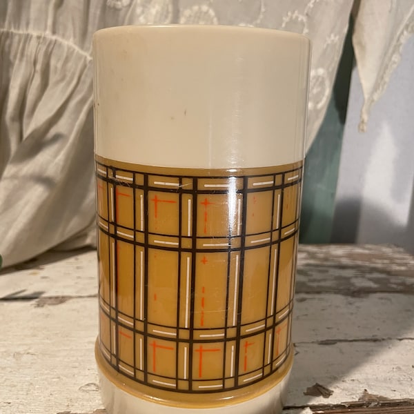 Aladdin Best Buy Thermal Bottle Thermos Brown Beige Plaid Pint Wide Mouth 1970's