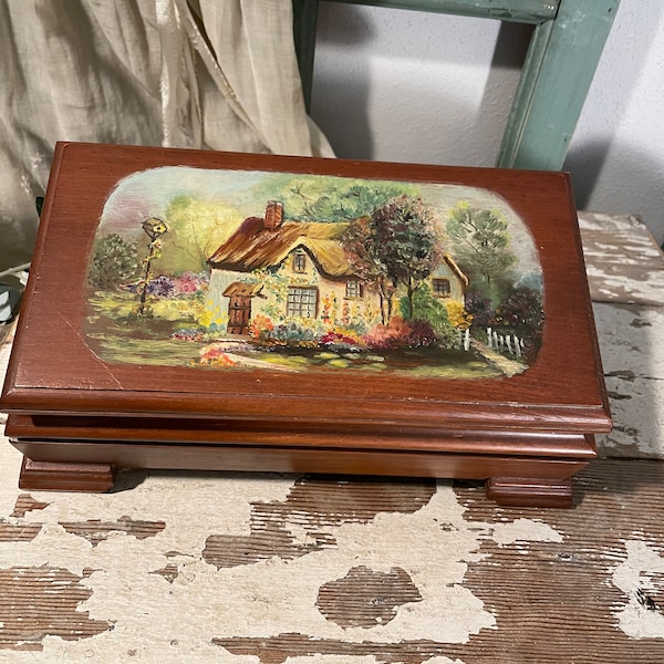 Vintage Wood Music Box Jewelry Box plays Lara's Theme 9x5x4  lined