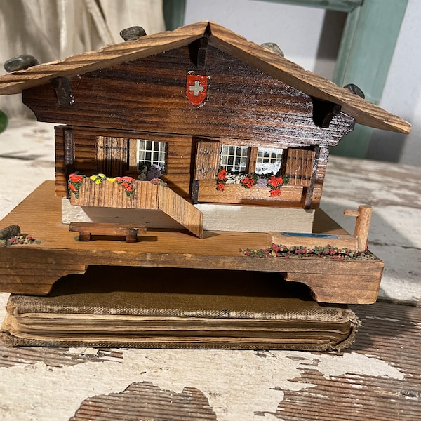 Vintage Swiss Chalet Wooden Music Box Plays La haut sur la montagne 1950's collectable