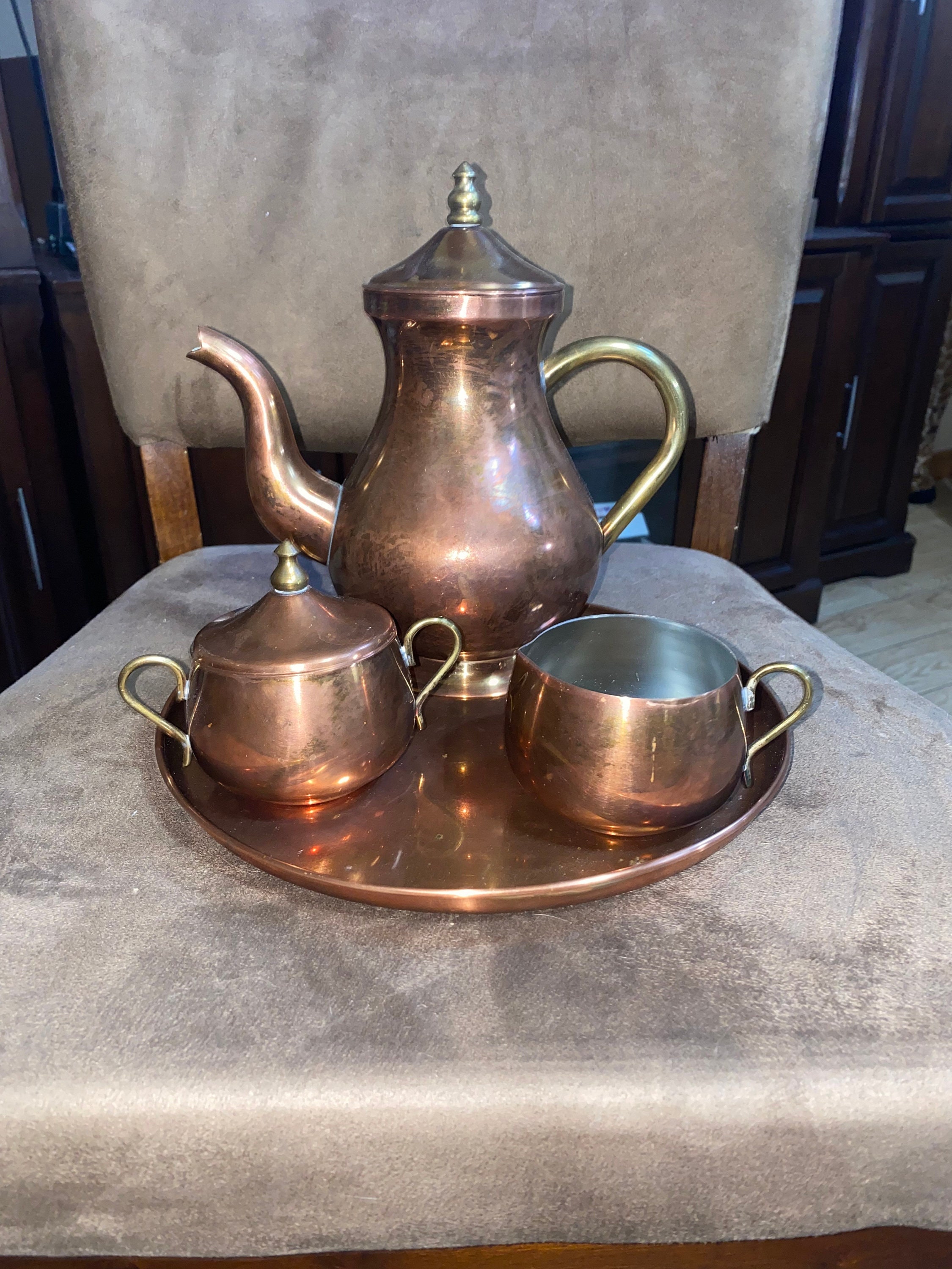 ODI Portugal Copper Tea Set Copper Brass Teapot, Covered Sugar Bowl