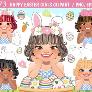 Easter Clipart, Easter Girl Clipart, Easter Rabbit Clipart, Easter Eggs Hunt Clipart, Girl Posing Hand Under Chin, Spring PNG