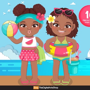 Beach Black Girl Clipart, Beach Clipart, Girl Clipart, Pool Clipart, Holiday Clipart, Swimming Clipart, Summer Kids Clip Art PNG
