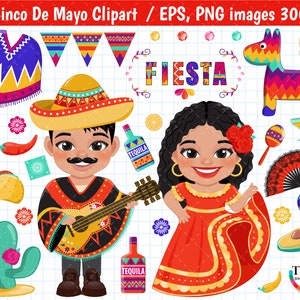 Cinco De Mayo Clipart, Mexican Folk, Mariachi Dancers, PAPEL PICADO, Fiesta PNG, Folk Dancers, Mexican Elements, Instant Download