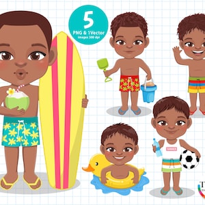 Beach Black Boy Clipart, Beach Clipart, Boy Clipart, Pool Black Boy Clipart, Holiday Clipart, Swimming Clipart, Summer Kids PNG