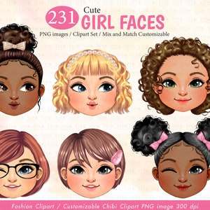 かわいい女の子の顔のクリップアート、かわいい黒人の女の子の顔のクリップアート、アメリカのアフリカの子供の顔のクリップアート、子供の頭、女の子のステッカー、カスタマイズ可能なちび