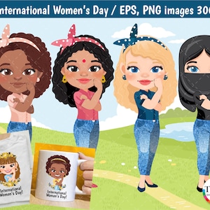 Women&#39;s Day Clipart, International Women&#39;s day, Girl Power, Girl Clipart, Flower wreath, Lady Banner Clipart PNG - 300 dpi