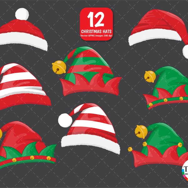 Clipart chapeaux de Noël, bonnet de Noel, bonnet de lutin, costume de père Noël, icônes de Noël, clipart Noël, clipart vacances PNG - 300dpi