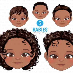 Cute Black Baby Boy Faces Clipart, American African Kids Faces Digital Clipart, Cute Afro Kids Clipart, American Children Head
