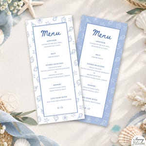 May include: Two tall rectangular menu cards featuring a blue and white nautical theme with illustrations of seashells and starfish. The text includes sections for Appetizer, Soup, Entrée Selection, Dessert, and Late Night Bites with the initials S O.