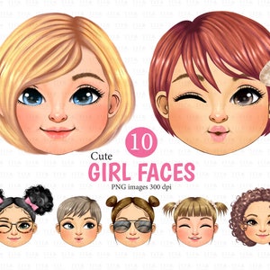 Cute Girl Faces Clipart, Kids Faces Digital Clipart, Cute Kids Clipart, Girl Head Digital Clip art, Children Head Sublimation PNG - 300 dpi