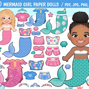 Paper Dolls Girls Clipart, Mermaid Paper Doll, Clothes DIY, Met Gala Mermaid, Paperdoll Mermaid Printable, Mermaid Accessories, JPG, PNG
