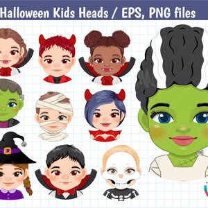 Halloween Clipart, Halloween heads, Spooky Friends, Mummy, Devil, Frankenstein, Dracula, Vampire, Witch, Skeleton Ghost PNG