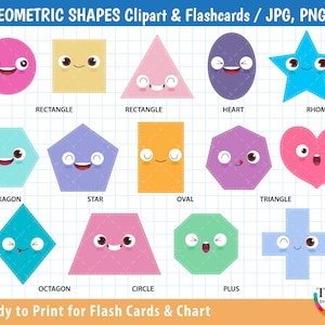Clipart formes géométriques, cartes-éclair sur les formes de base, formes kawaii, Montessori, ressources pédagogiques imprimables, préscolaire, école à la maison, salle de classe