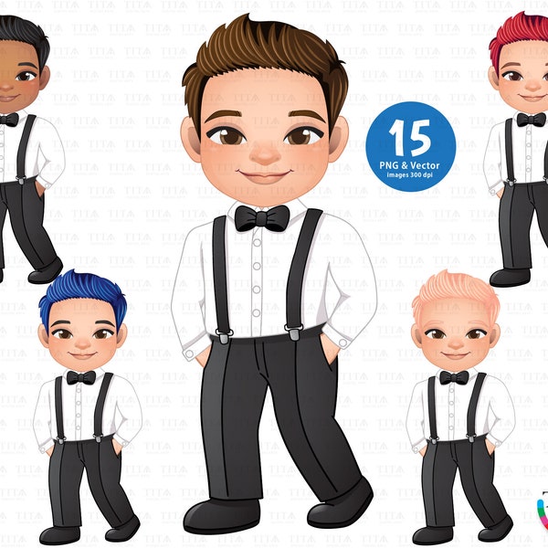 Bow tie Boy Clipart, Tuxedo Boy, Wedding clipart, Groom Clipart, Marriage Clipart, Boys with pants and suspenders, boy birthday PNG