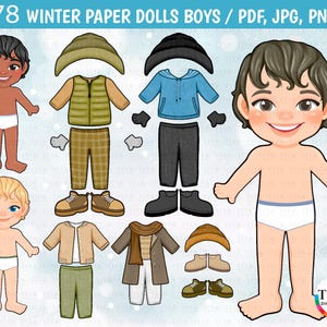 Bambole di carta Clipart per bambini, Abiti invernali per bambini, Abiti autunnali comodi, Abiti casual, Abiti autunnali, Accessori invernali per bambini, PDF, JPG, PNG