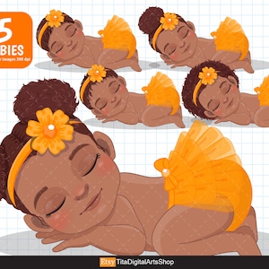 Sleeping Black Baby Girl Clipart, Orange African American Girl Clipart, Newborn Clipart, Ruffled Diaper Clipart, Baby Shower PNG