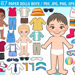 Bambole di carta Clipart per bambini, vestiti casual, vestiti estivi, vestiti invernali, vestiti primaverili, vestiti autunnali, bambola di carta stampabile, giocattoli di carta