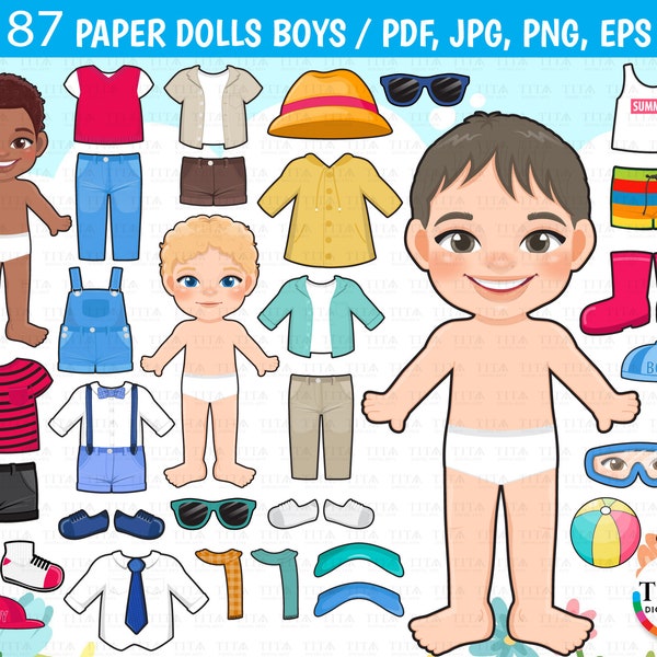 Paper Dolls Boys Clipart, Casual Clothes, Summer Clothes, Winter Clothes, Spring Clothes, Autumn Clothes, Printable Paper Doll, Paper Toys