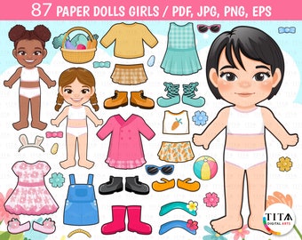 Papieren poppen meisjes clipart, casual kleding, zomerkleding, winterkleding, lentekleding, herfstkleding, afdrukbare papieren pop, papieren speelgoed