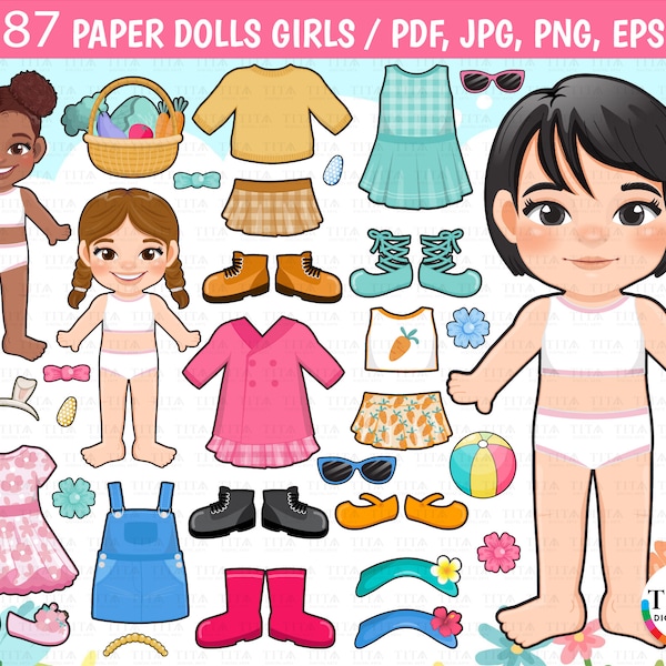 Paper Dolls Girls Clipart, Casual Clothes, Summer Clothes, Winter Clothes, Spring Clothes, Autumn Clothes, Printable Paper Doll, Paper Toys