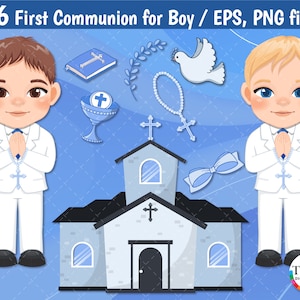 First Communion for Boy Clipart, Rosary, Banner, Holy, Cross, Religious, Invitation Sticker, Clipart Digital Download - 300 dpi