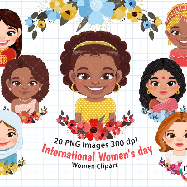 Women's Day Clipart, International Women's day, Asian Women, Indian Women, African American Women, Muslim Arab Women, Flower Banner