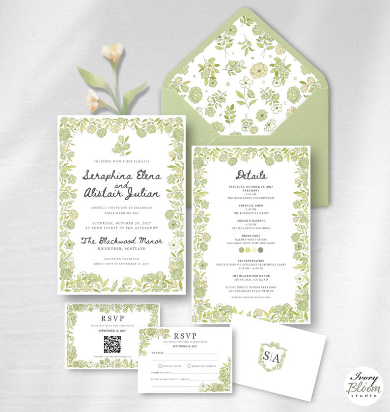 Sage Green English Garden Wedding Invitation Suite | Floral Canva Sage Green English Garden Wedding Invitation Suite | Floral Canva