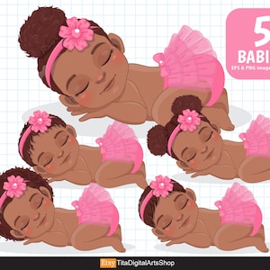 Sleeping Black Baby Girl Clipart, Pink African American Girl Clipart, Newborn Clipart, Ruffled Diaper Clipart, Baby Shower Clipart, PNG, EPS