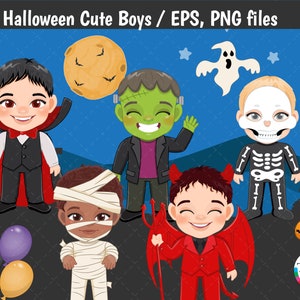 Halloween Clipart, Halloween boys, Spooky Friends, Mummy, Devil, Frankenstein, Dracula, Vampire, Skeleton Ghost PNG-300 dpi
