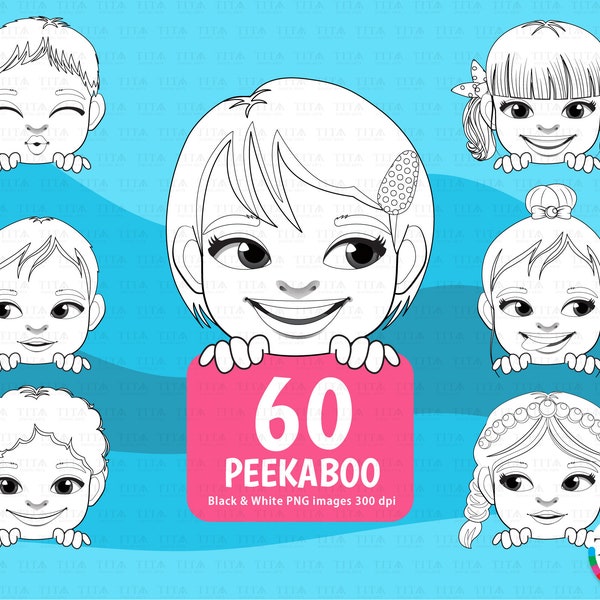 Peekaboo Kids Clipart, Black & White Peekaboo Kids, Peekaboo Boy, Peekaboo Girl, Peek a Boo Digital Stamps, Coloring Outline Art