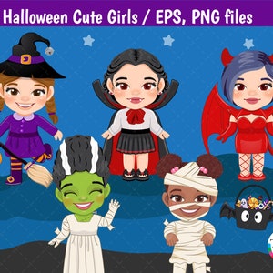 Halloween Clipart, Halloween girls, Spooky Friends, Mummy, Devil, Frankenstein, Dracula, Vampire, Witch PNG-300 dpi